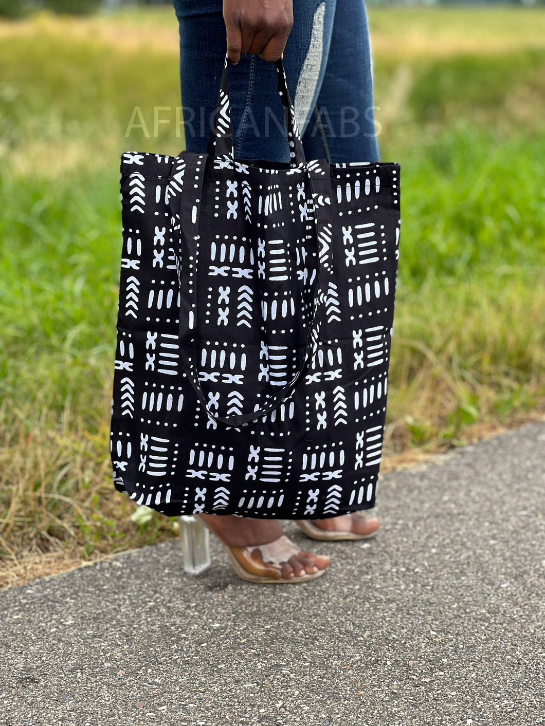 Shopper bag with African print - Black / white bogolan - Reusable Shopping Bag made of cotton