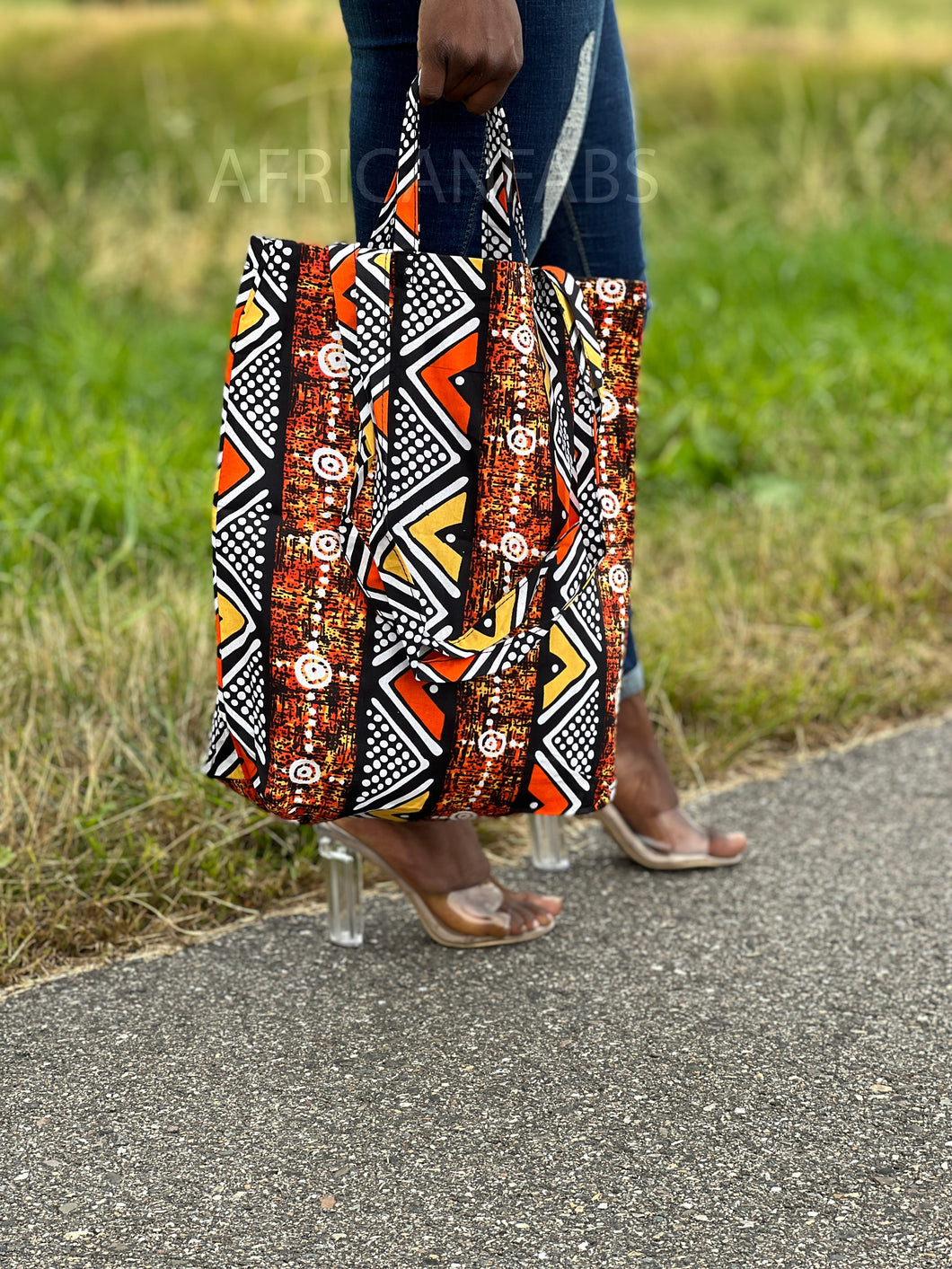 Shopper bag with African print - Orange bogolan - Reusable Shopping Bag made of cotton