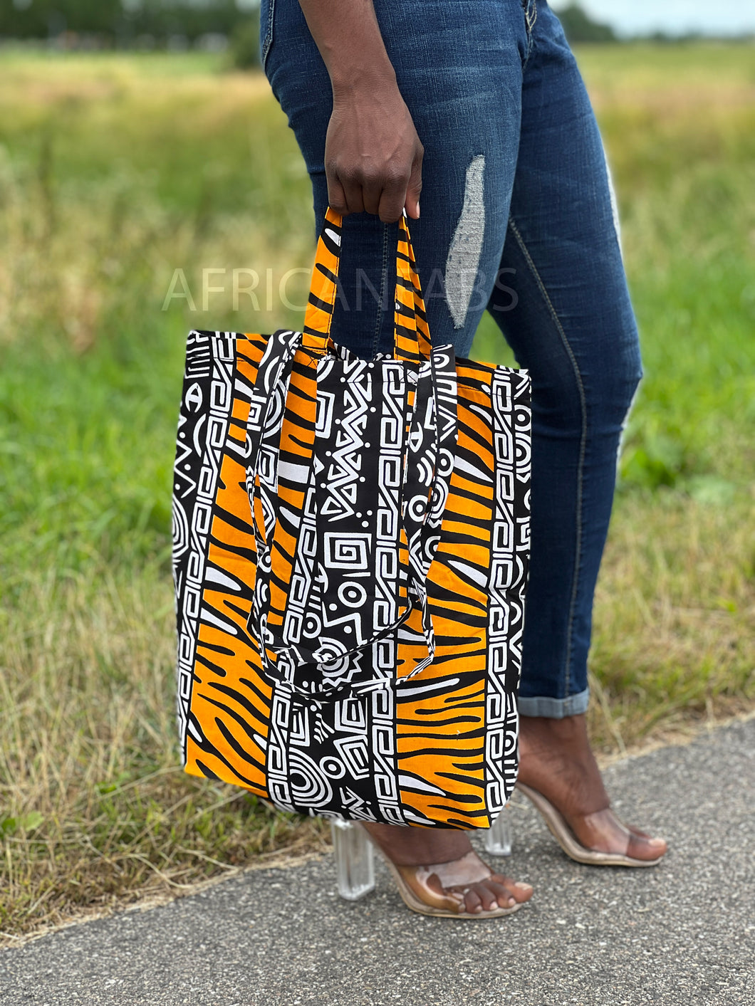 Shopper bag with African print - Yellow bogolan - Reusable Shopping Bag made of cotton