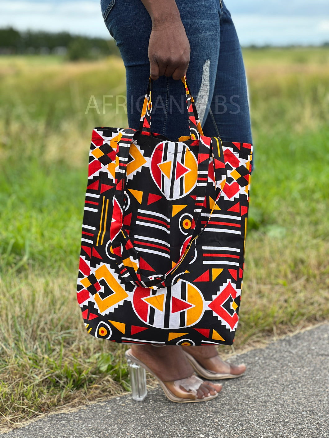 Sac shopping imprimé africain - Bogolan rouge/jaune - Sac shopping réutilisable en coton