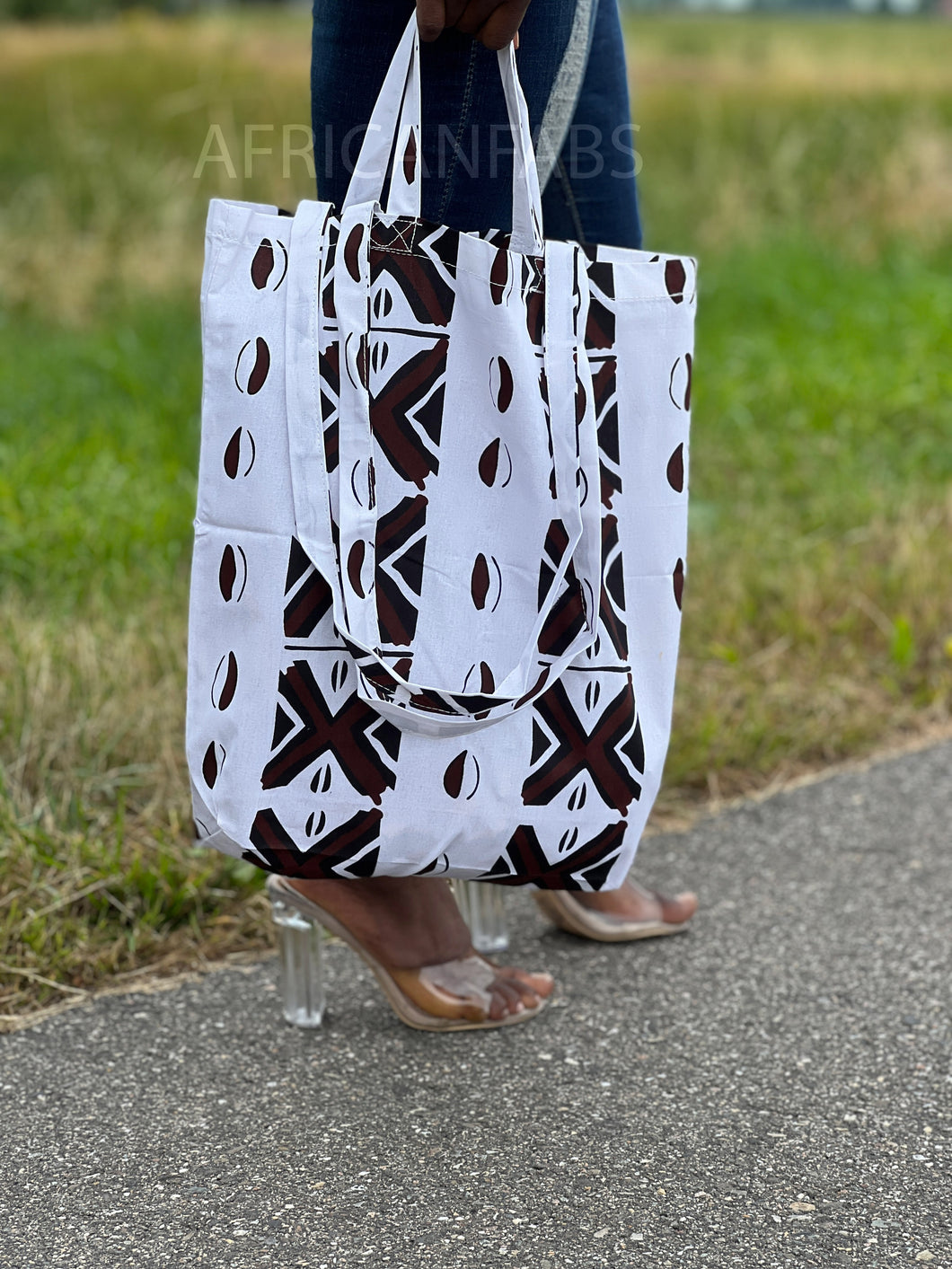 Shopper bag with African print - White / brown bogolan - Reusable Shopping Bag made of cotton