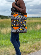 Load image into Gallery viewer, Shopper bag with African print - Orange / yellow bogolan - Reusable Shopping Bag made of cotton

