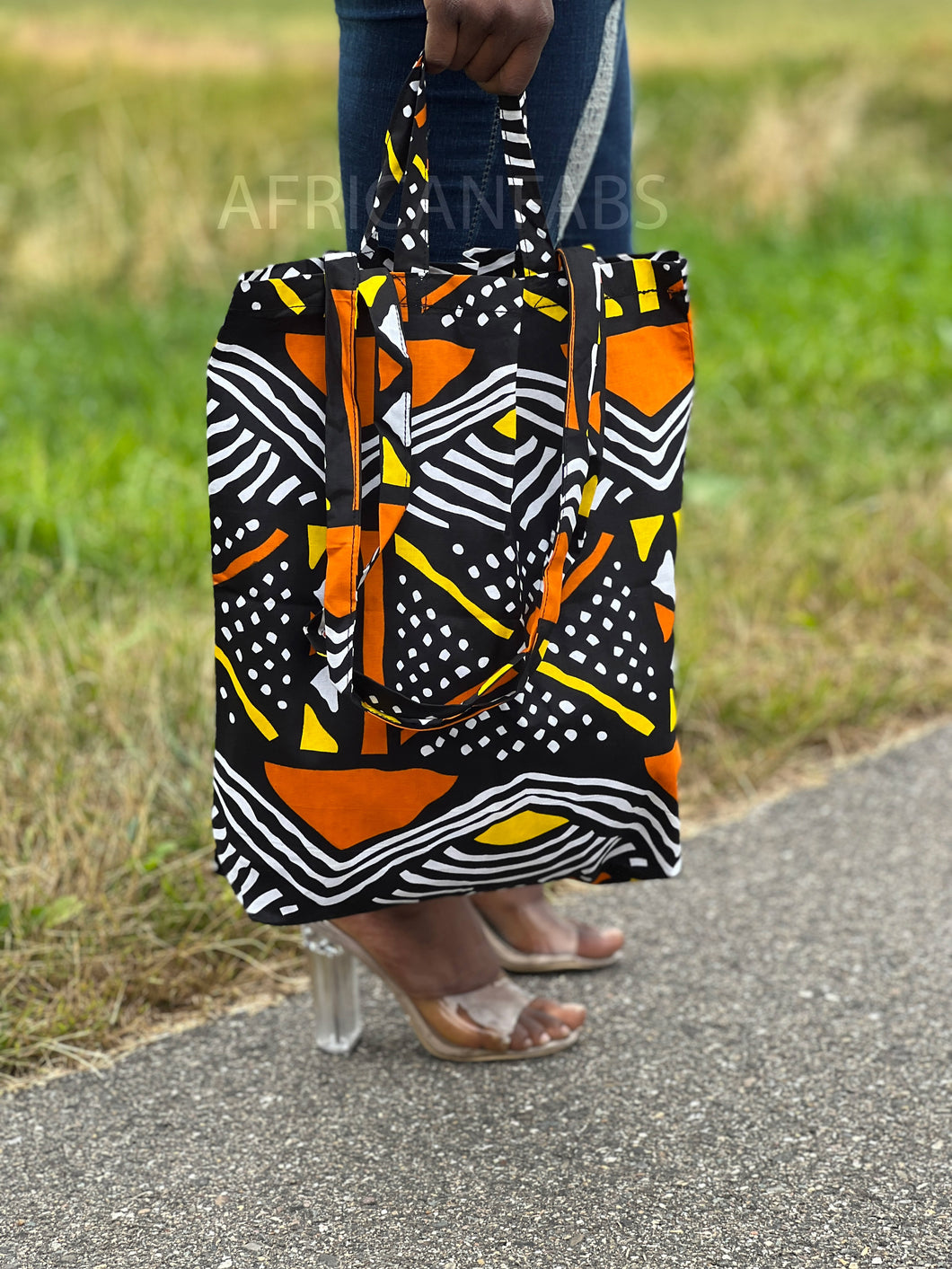 Sac shopping imprimé africain - Bogolan orange / jaune - Sac shopping réutilisable en coton