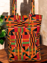 Load image into Gallery viewer, Shopper bag with African print - Orange Kente - Reusable Cotton Tote Bag
