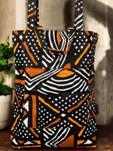 Afbeelding in Gallery-weergave laden, Shopper bag with African print - Black Orange Bogolan - Reusable Cotton Tote Bag
