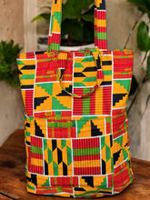 Load image into Gallery viewer, Shopper bag with African print - Yellow Green Kente - Reusable Cotton Tote Bag
