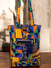 Afbeelding in Gallery-weergave laden, Shopper bag with African print - Blue Orange Kente - Reusable Cotton Tote Bag
