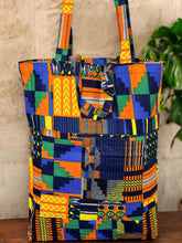 Afbeelding in Gallery-weergave laden, Shopper bag with African print - Blue Orange Kente - Reusable Cotton Tote Bag
