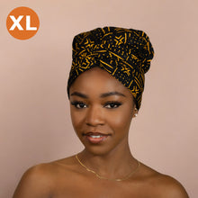 Load image into Gallery viewer, XL Easy headwrap - Satin lined hair bonnet - Black / yellow bogolan
