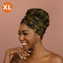 Load image into Gallery viewer, XL Easy headwrap - Satin lined hair bonnet - Black / yellow bogolan
