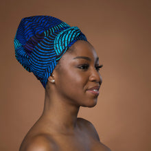 Lade das Bild in den Galerie-Viewer, XL Easy headwrap - Satin lined hair bonnet - Blue Turquoise Concentric Circle Design
