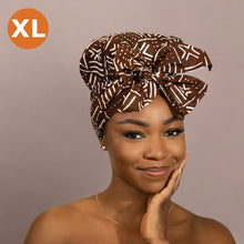 Load image into Gallery viewer, XL Easy headwrap - Satin lined hair bonnet - Brown x Bogolan
