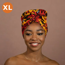 Load image into Gallery viewer, XL Easy headwrap - Satin lined hair bonnet - Red Flowers
