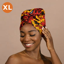 Load image into Gallery viewer, XL Easy headwrap - Satin lined hair bonnet - Red Flowers
