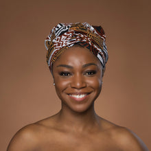 Afbeelding in Gallery-weergave laden, XL Easy headwrap - Satin lined hair bonnet - Brown Bogolan Mosaic
