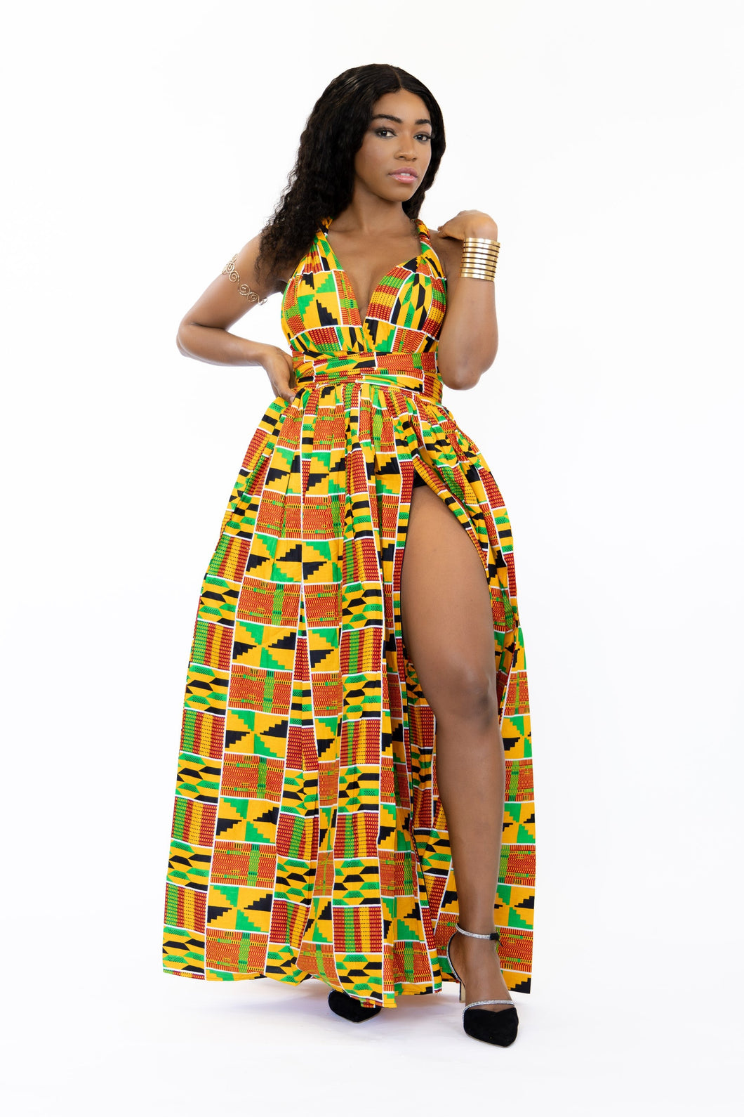 Robe longue multivoies Kente imprimé africain orange/vert Infinity