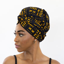Load image into Gallery viewer, Easy headwrap - Satin lined hair bonnet - Black / yellow Bogolan
