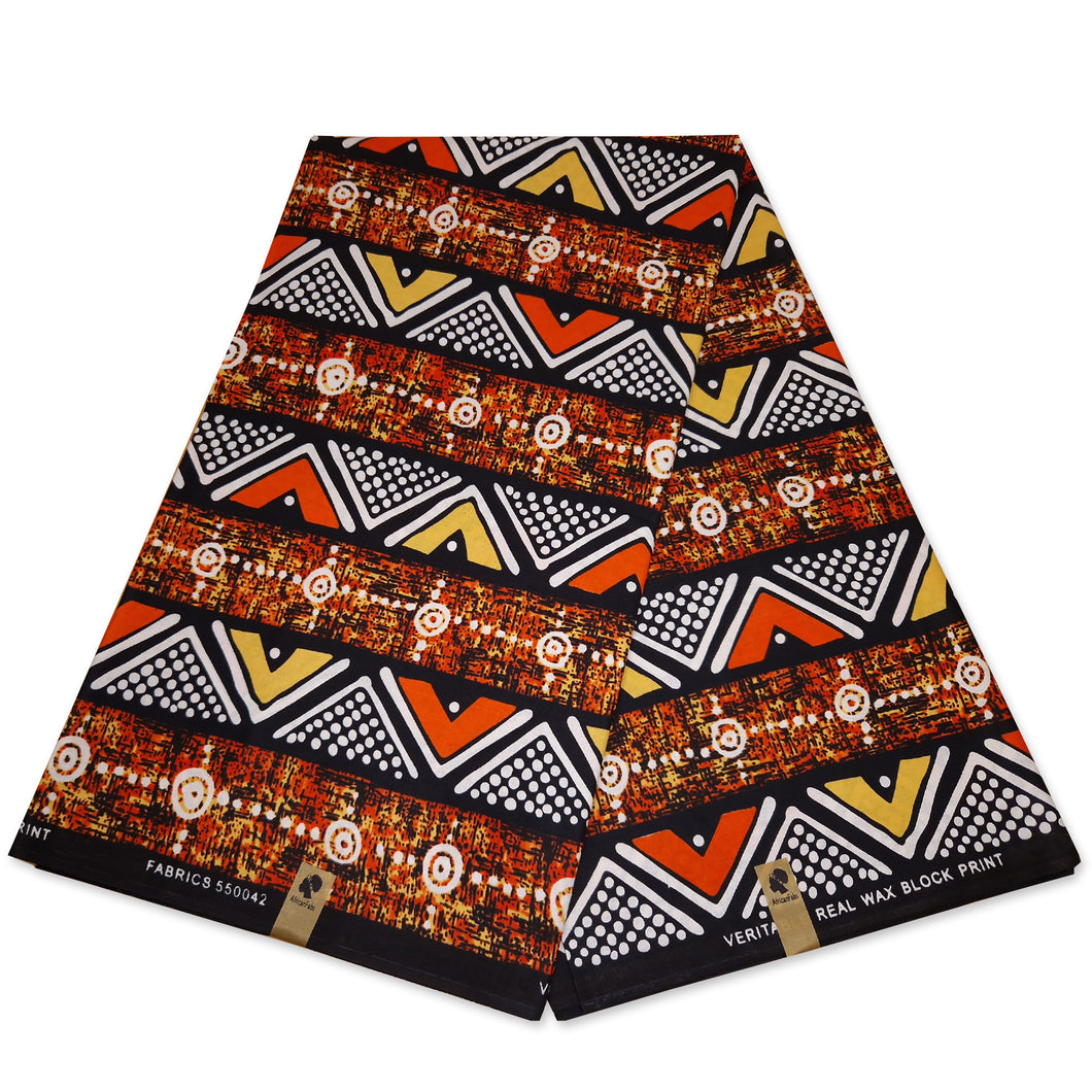 6 Yards - Oranje Bogolan / Modderdoek AF-3996 - Afrikaanse printstof / doek (traditioneel Mali)