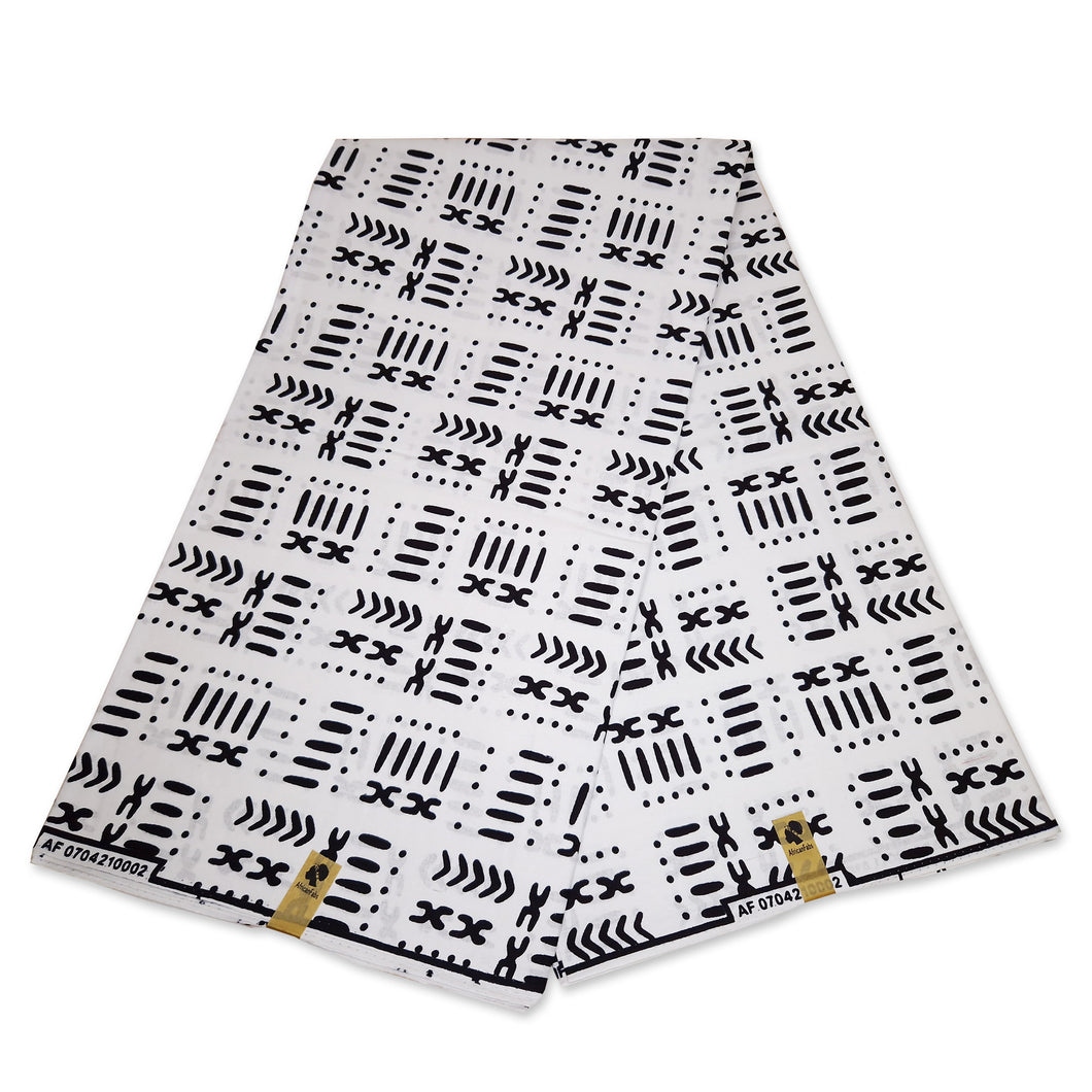 6 Yards - Afrikaans wit / zwart BOGOLAN / MUD CLOTH print stof / doek (traditioneel Mali)