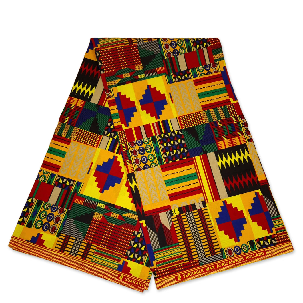 6 Yards - Afrikaanse gele / veelkleurige kente print stof KENTE Ghana wax doek AF-4011 - 100% katoen