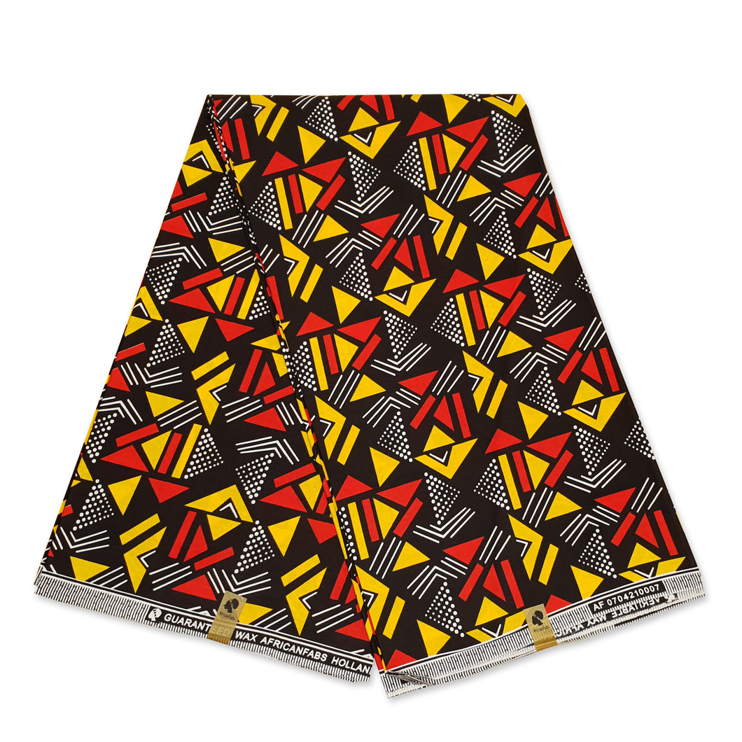 6 Yards - Afrikanischer Druckstoff - Schwarz / Rot / Gelbe Dreiecke