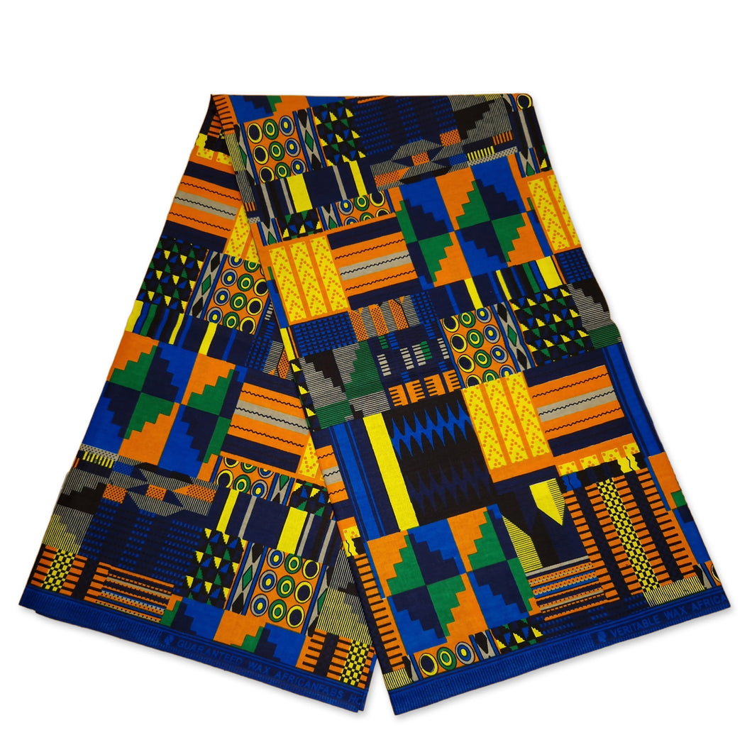6 Yards - Afrikaans blauw / oranje Kente print stof KENTE Ghana wax AF-4027 - 100% katoen