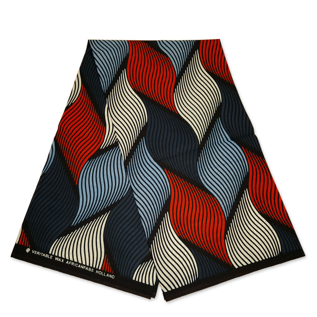 6 Yards - Afrikaanse print stof - Blauw / Rood Swirl - 100% katoen