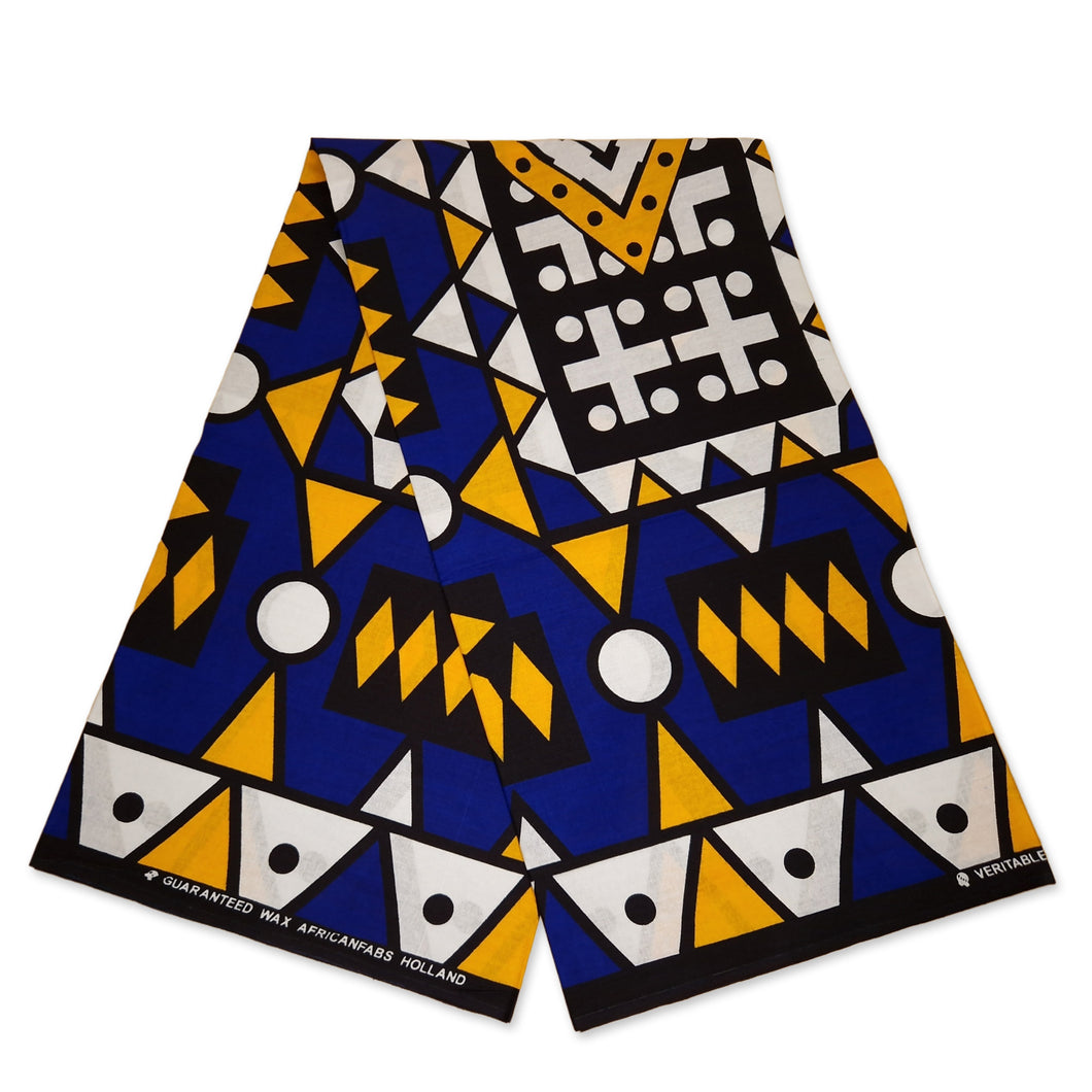 6 Yards - Tissu imprimé africain - Bleu Jaune Samakaka / Samacaca (Angola) - 100% coton