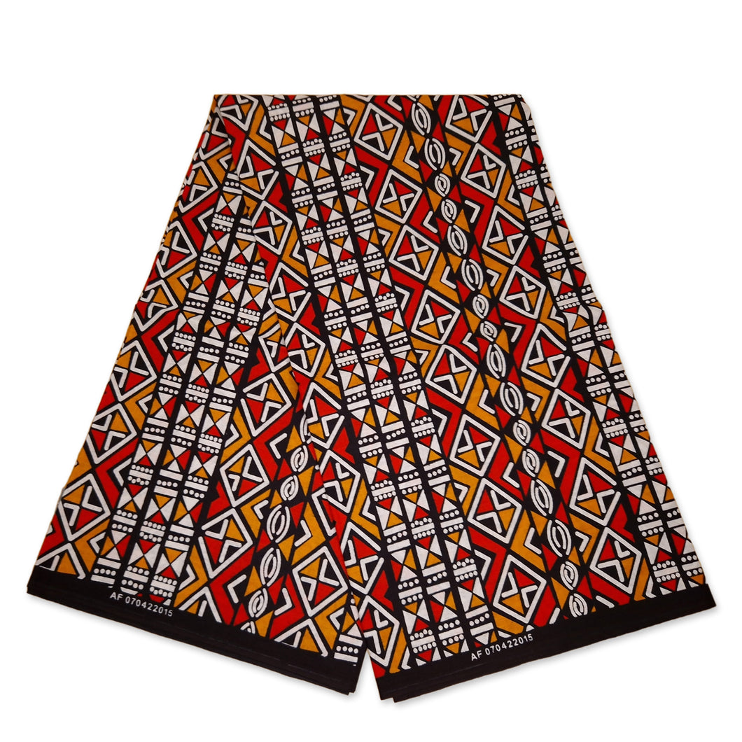 6 Yards - Red / Orange Bogolan / Mud cloth - African print fabric / cloth (Traditional Mali)