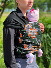 Load image into Gallery viewer, African Print Baby Carrier / Baby sling / baby wrap - Dark green Orange flowers - gold embellished

