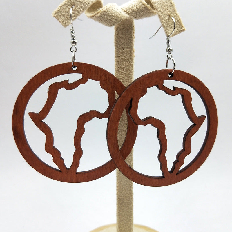 Wooden drop earrings | African continent in wooden circle