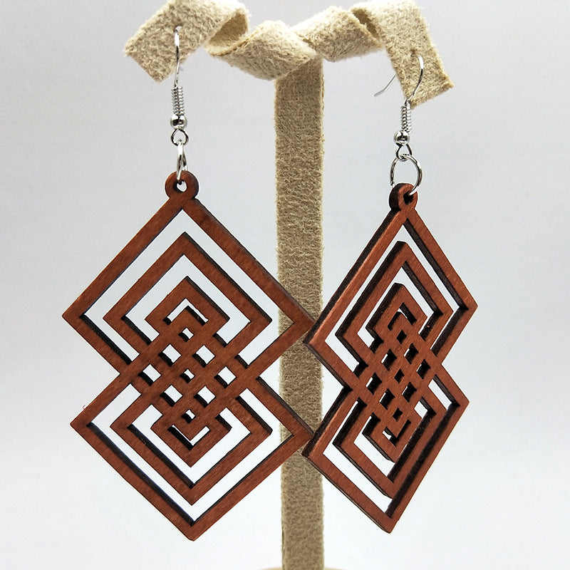 Boucles d'oreilles à imprimé africain | Boucles d'oreilles en bois double pentagone marron