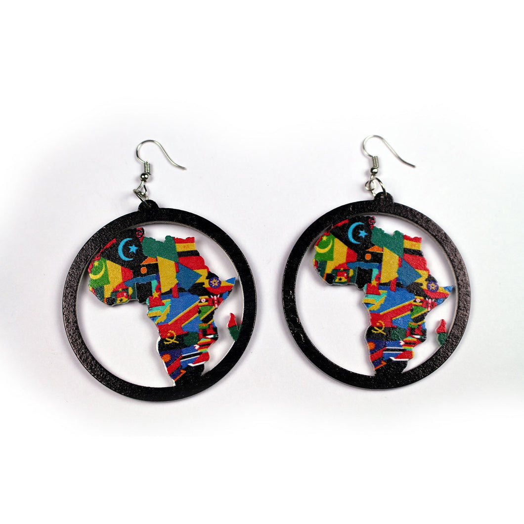 Zwarte houten oorbellen | Afrikaans continent met alle landvlaggen