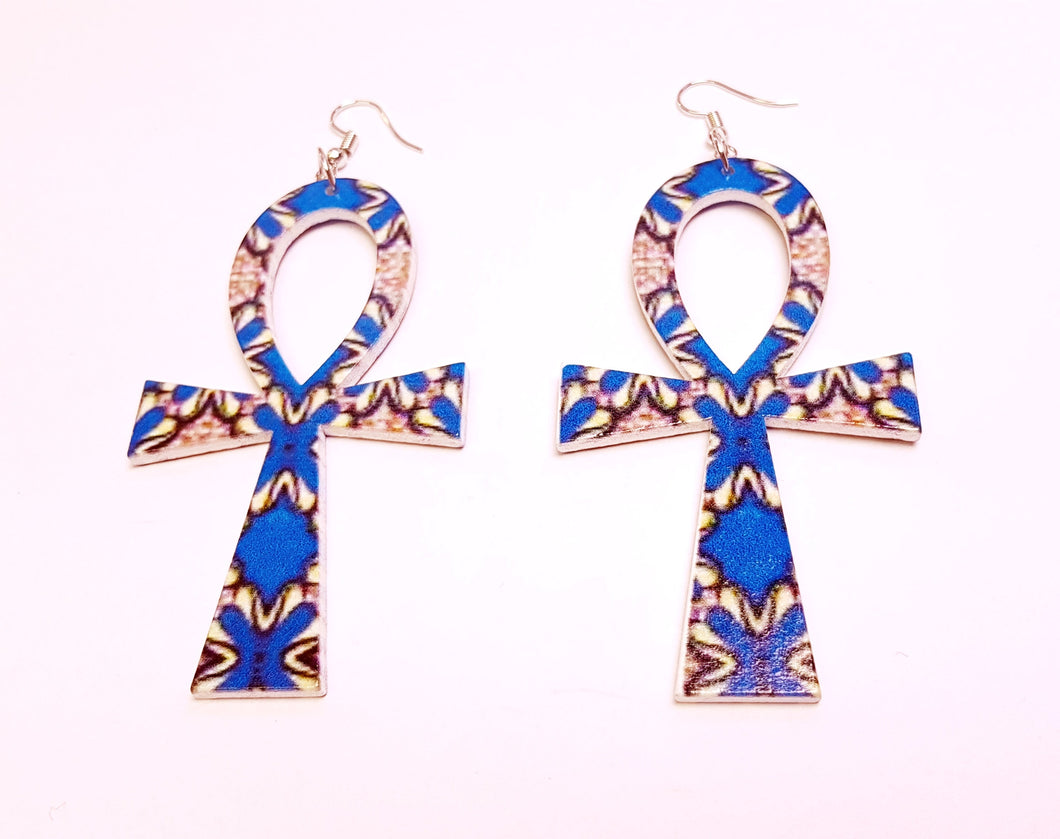 Ankh shaped wooden African Earrings with Print - Blue Shapes