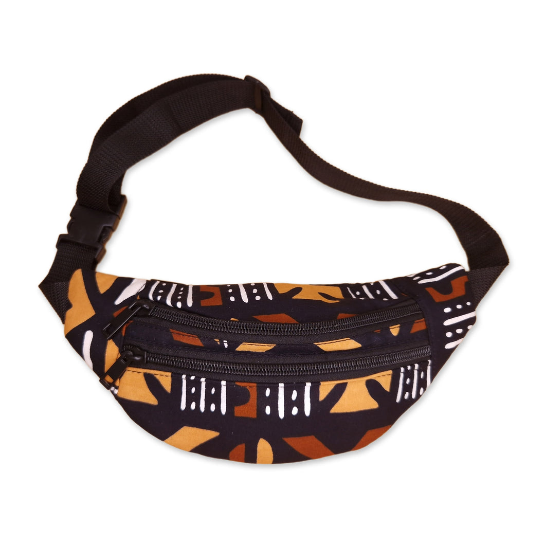 3 PIECES - African Print Fanny Pack - Brown bogolan - Ankara Waist Bag / Bum bag / Festival Bag with Adjustable strap