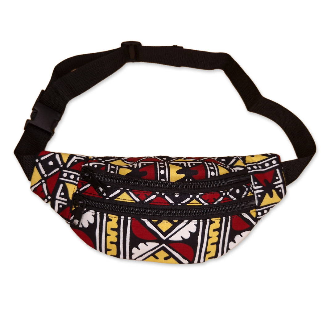 3 PIECES - African Print Fanny Pack - Maroon / Yellow bogolan - Ankara Waist Bag / Bum bag / Festival Bag with Adjustable strap