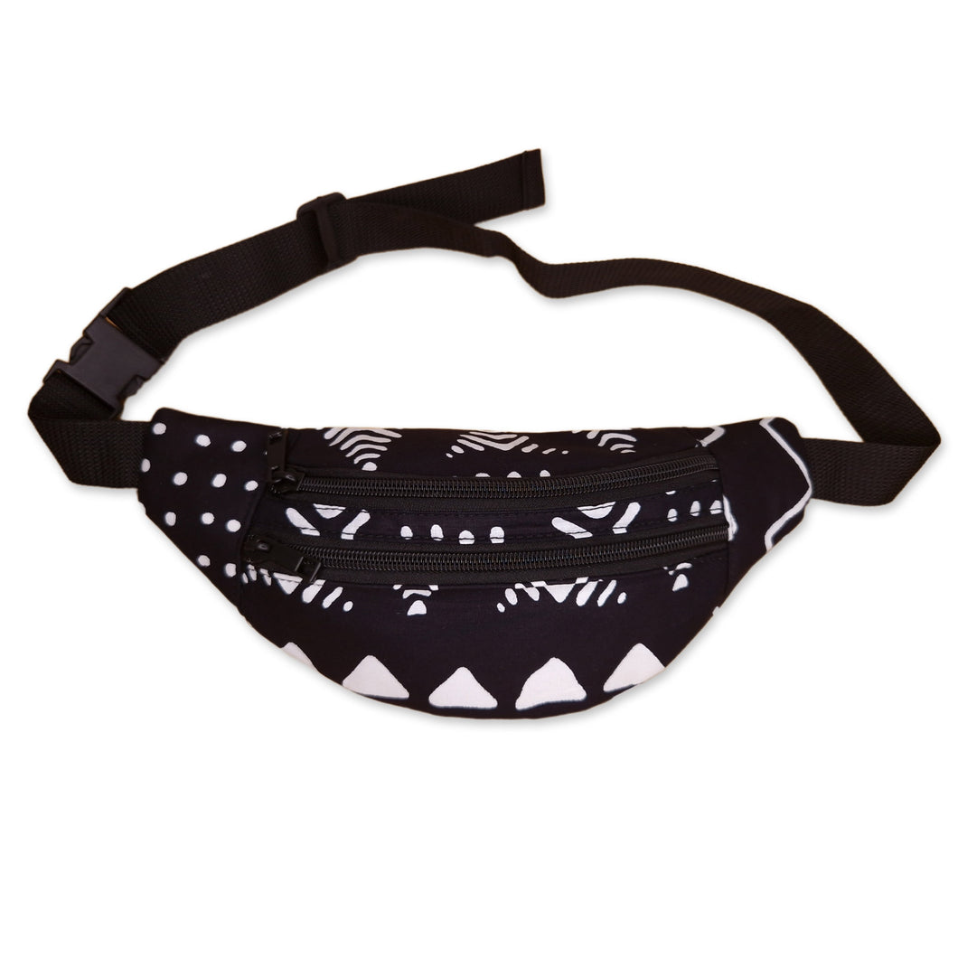 3 PIECES - African Print Fanny Pack - Black / White bogolan - Ankara Waist Bag / Bum bag / Festival Bag with Adjustable strap