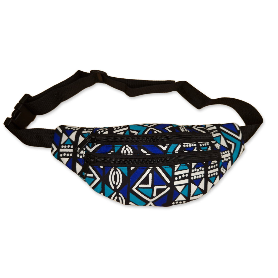 3 PIECES - African Print Fanny Pack - Blue / Turquoise bogolan - Ankara Waist Bag / Bum bag / Festival Bag with Adjustable strap