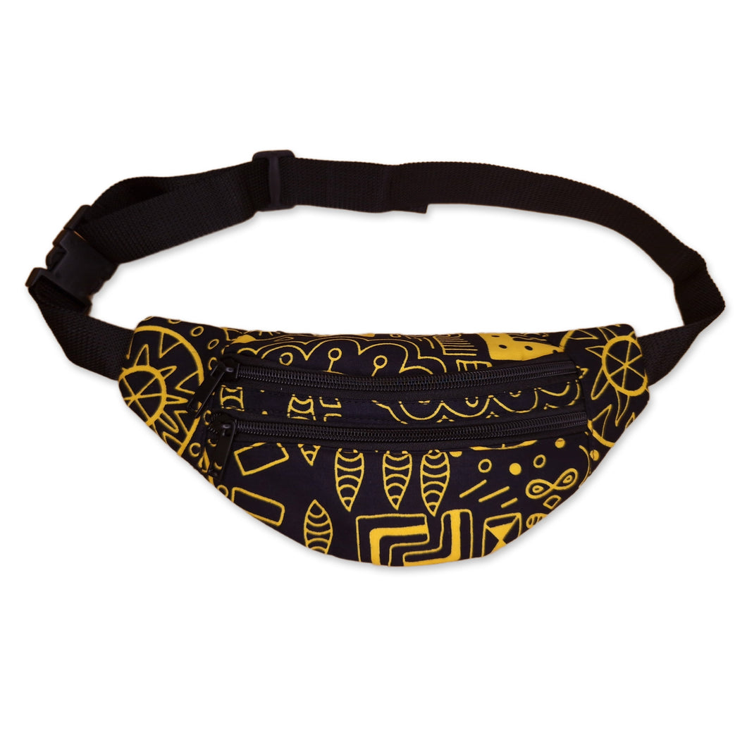 3 PIECES - African Print Fanny Pack - Black / Yellow bogolan - Ankara Waist Bag / Bum bag / Festival Bag with Adjustable strap