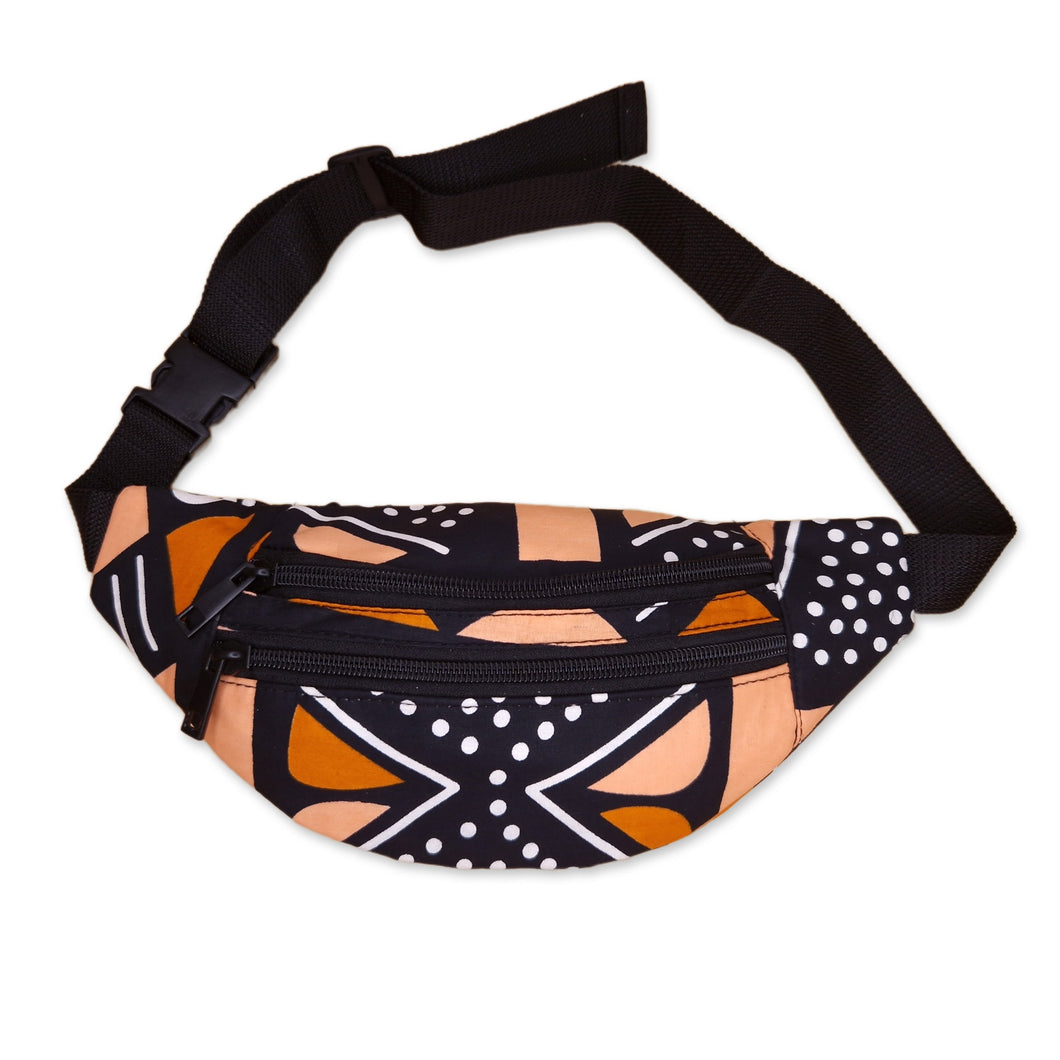 3 PIECES - African Print Fanny Pack - Black / Orange bogolan - Ankara Waist Bag / Bum bag / Festival Bag with Adjustable strap