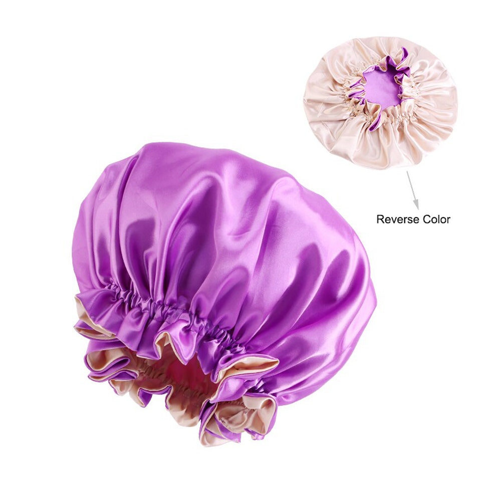 10 pièces - Bonnet de cheveux en satin violet clair avec bord (bonnet de sommeil réversible en satin)