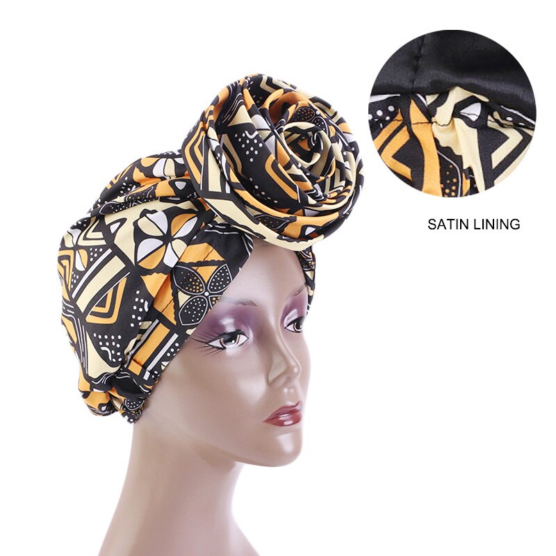 10 pieces - Pre-wrapped bandana / hat - African Orange Bogolan Print Satin lined night cap
