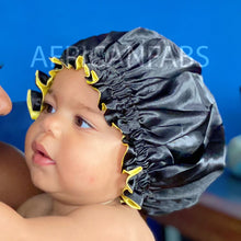 Load image into Gallery viewer, 10 pieces - Black / Yellow Satin Hair Bonnet (Kids / Children&#39;s size 3-7 years) (Reversable Satin Night sleep cap)
