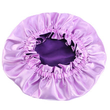 Charger l&#39;image dans la galerie, 10 pièces - Bonnet pour cheveux en satin violet (enfants / taille enfant 3-7 ans) (bonnet de nuit réversible en satin)
