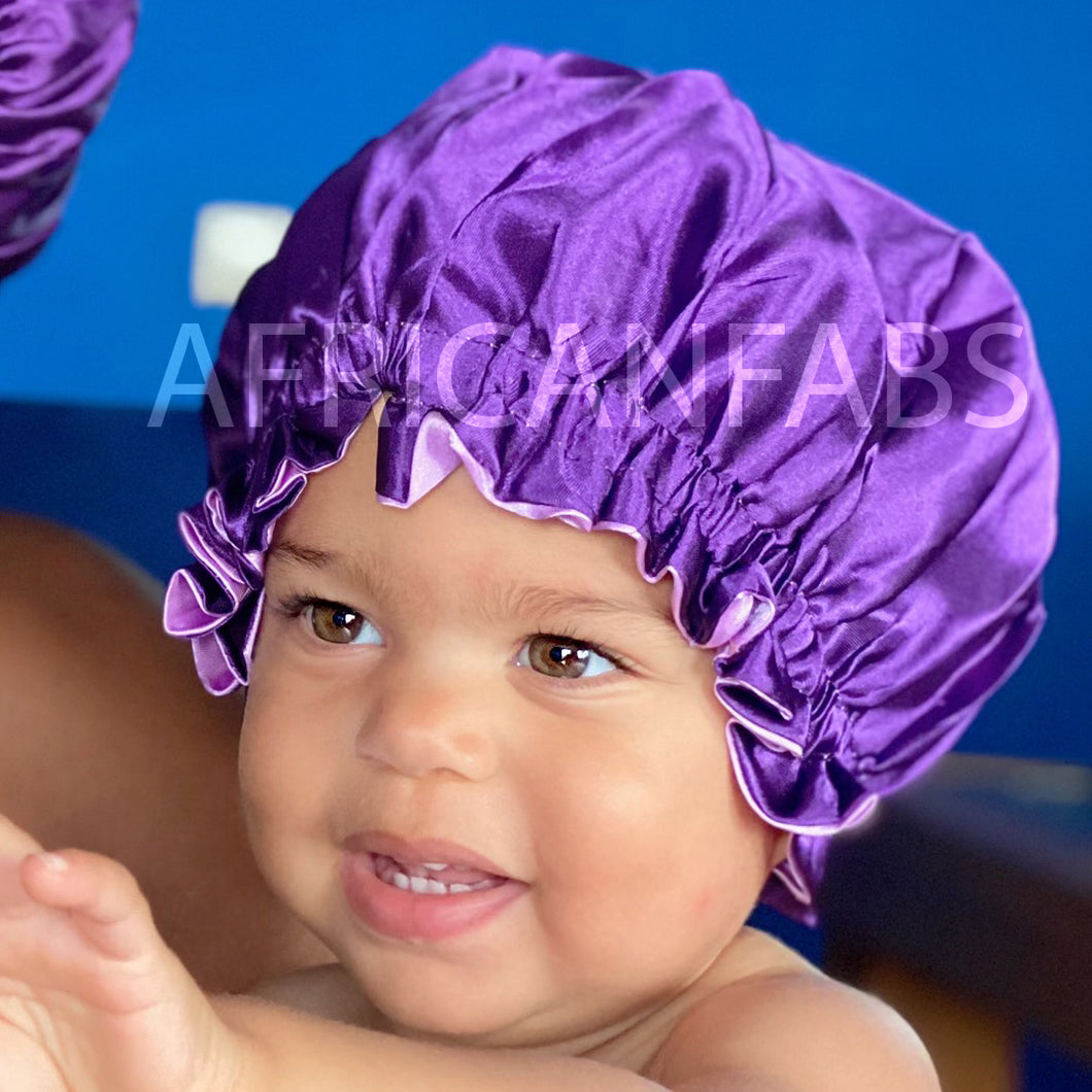 10 pieces - Purple Satin Hair Bonnet (Kids / Children's size 3-7 years) (Reversable Satin Night sleep cap)