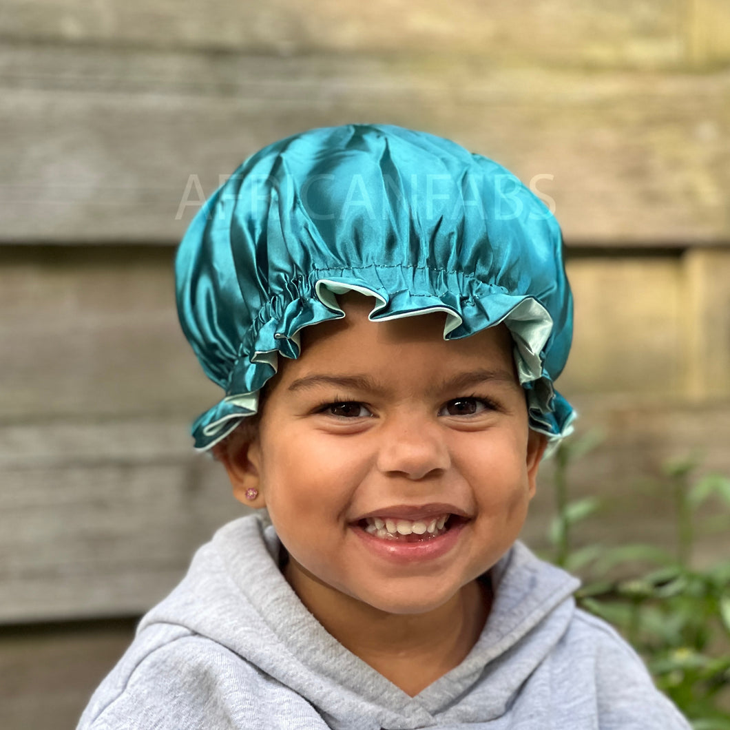 10 Stück – Grüne Satin-Haarhaube (Kinder/Kindergröße 3–7 Jahre) (umkehrbare Nachtschlafmütze aus Satin)