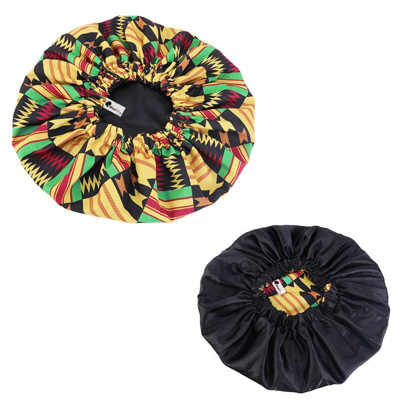 10 pièces - Bonnet de cheveux imprimé Kente noir / jaune africain (bonnet de nuit réversible doublé de satin)