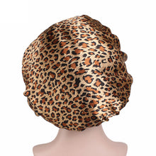 Load image into Gallery viewer, 10 pieces - Leopard print Satin Hair Bonnet ( Satin Night sleep cap )
