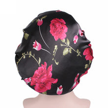 Load image into Gallery viewer, 10 pieces - Black pink flowers Satin Hair Bonnet ( Satin Night sleep cap )
