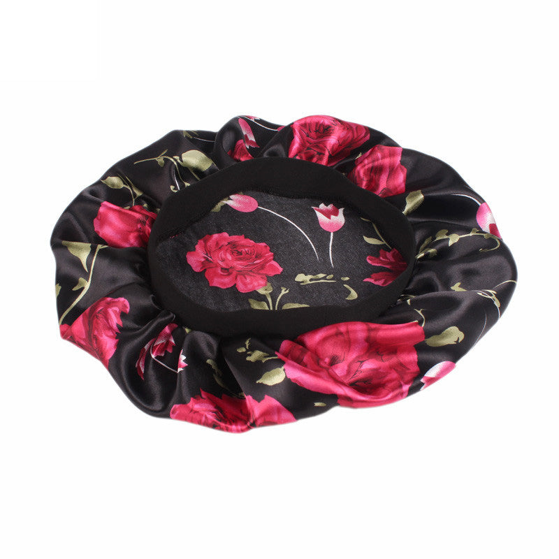10 stuks - Zwart roze bloemen Satijnen Haarmuts (Satijnen Nachtslaapmuts)